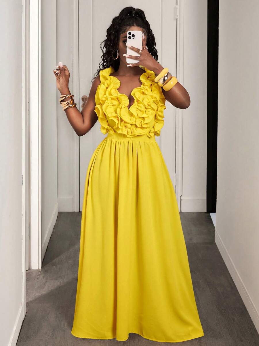 Maxi Dress Halter - Yellow Deep V-Neck Ruffle Halter Maxi