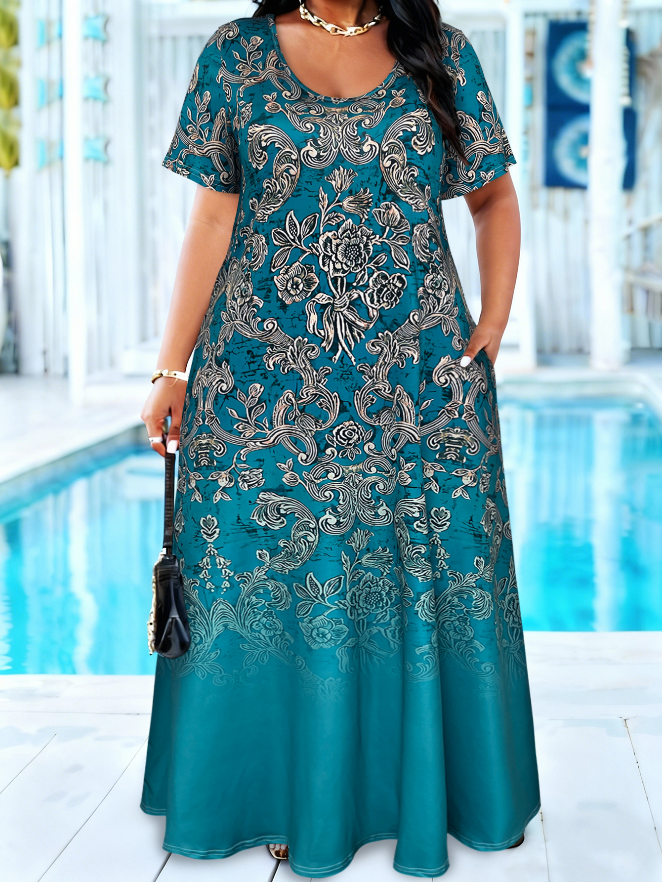 Romper Floral Print - Plus Size Teal Baroque Floral Print
