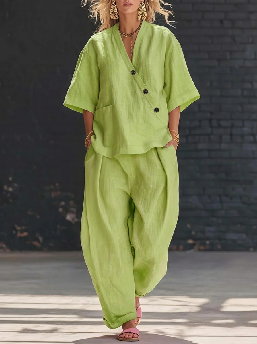 Linen Pant Wide - Women’s Two Piece Set Loose V
