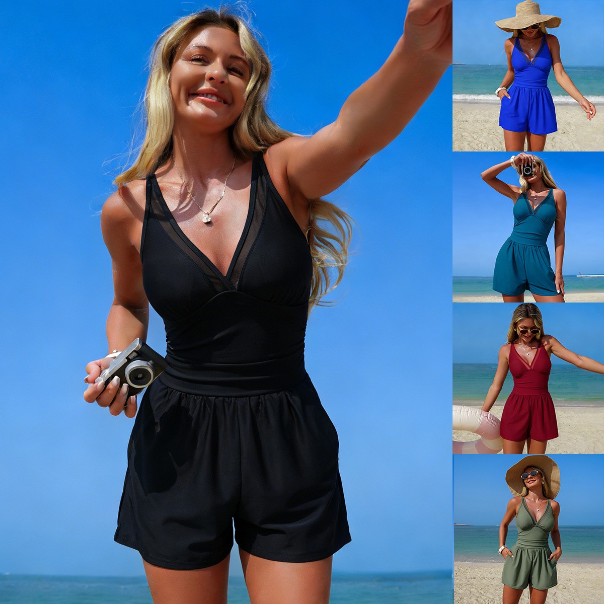 Black Solid Color Sleeveless V – обзор и цена Swimsuit Bikini Ruched