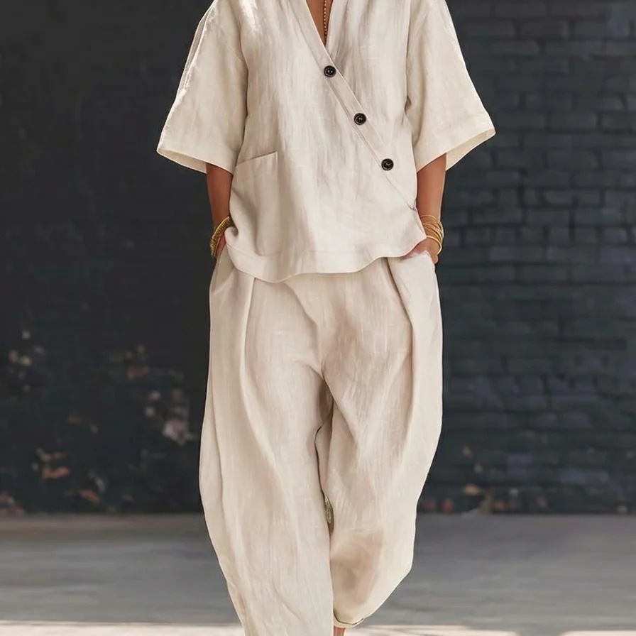 Women’s Two Piece Set Loose V  – обзор и цена Linen Pant Wide