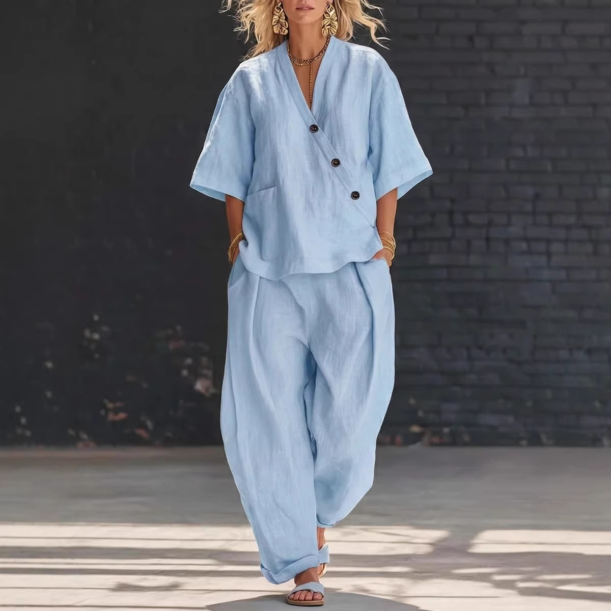 Women’s Two Piece Set Loose V  – обзор и цена Linen Pant Wide