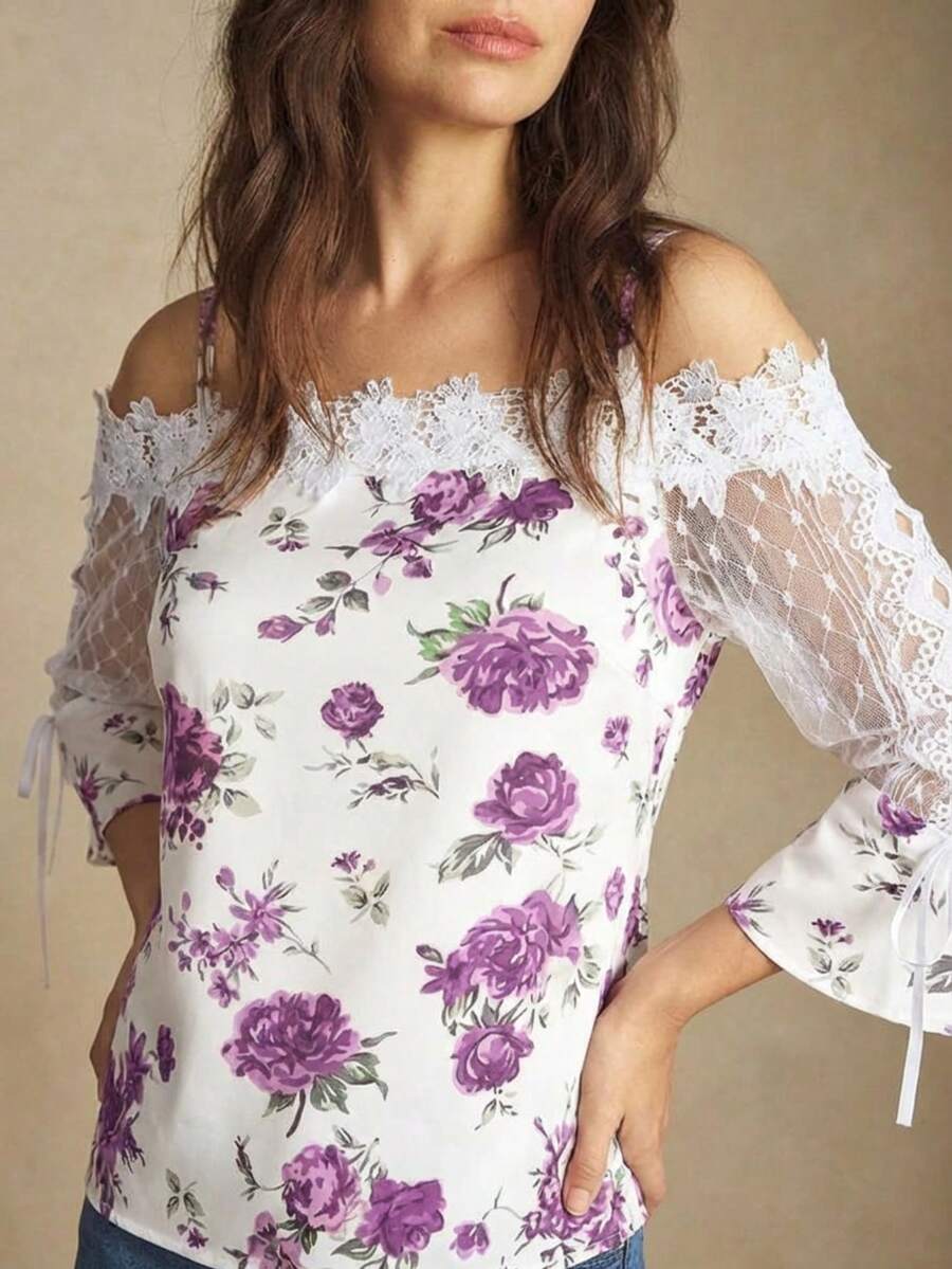 Purple Floral Print Off Should – обзор и цена Blouse Off Shoulder