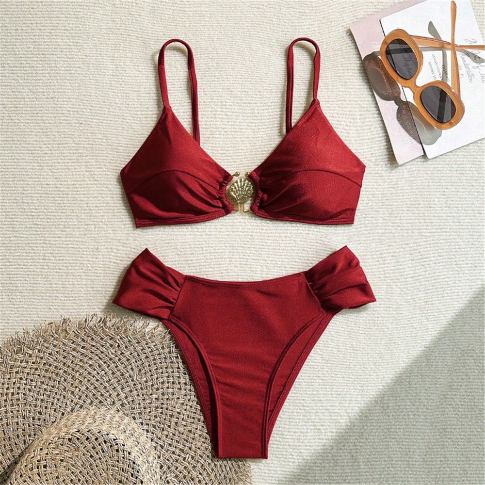 Metal Shell Ring Swimwear Sexy – обзор и цена Swimsuit Bikini Ruched