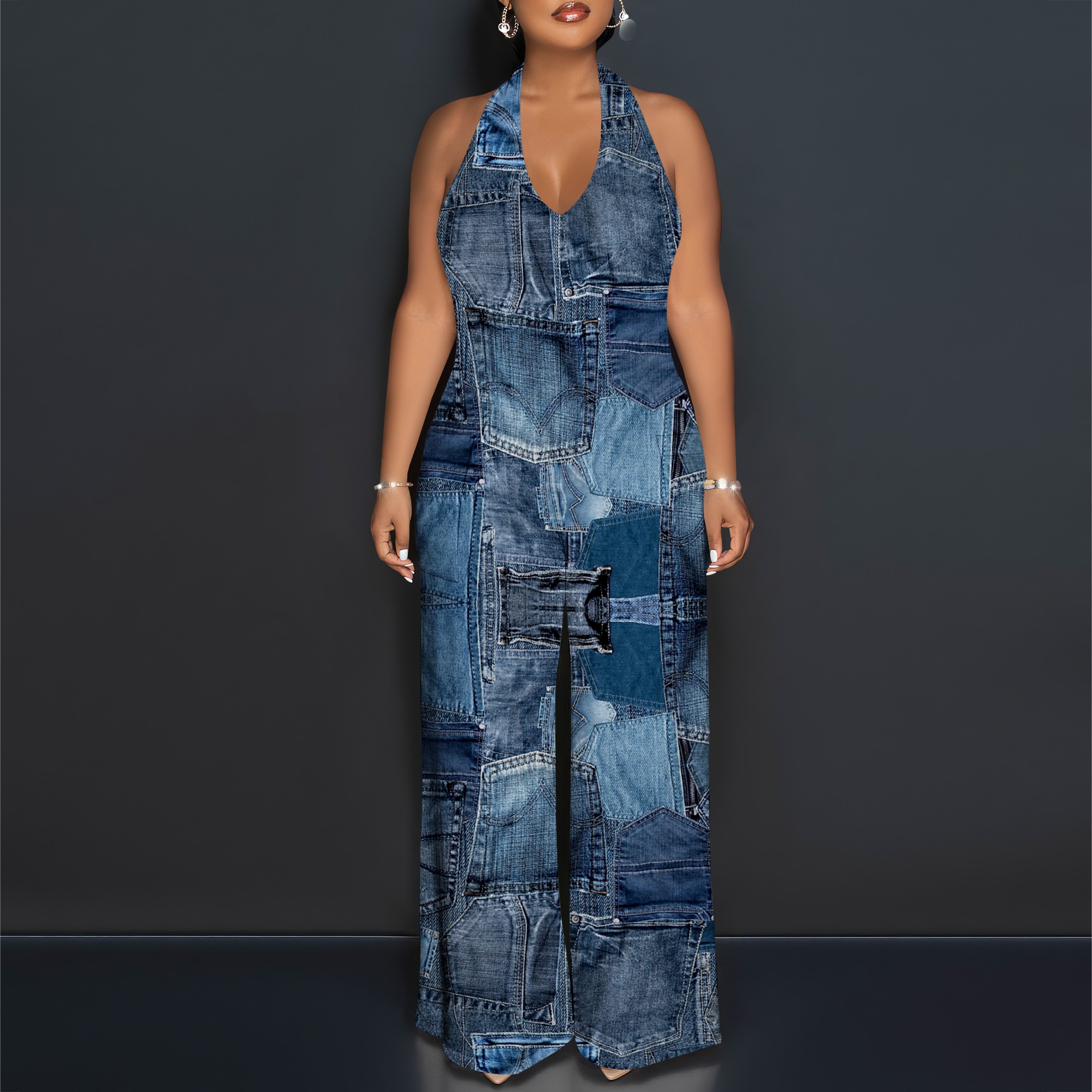 Denim Patchwork Halter V-Neck  – обзор и цена Maxi Dress Halter