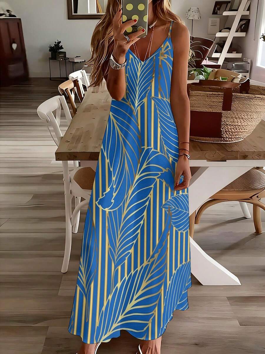 Blue Tropical Leaf Print V-Nec – обзор и цена Maxi Dress Halter